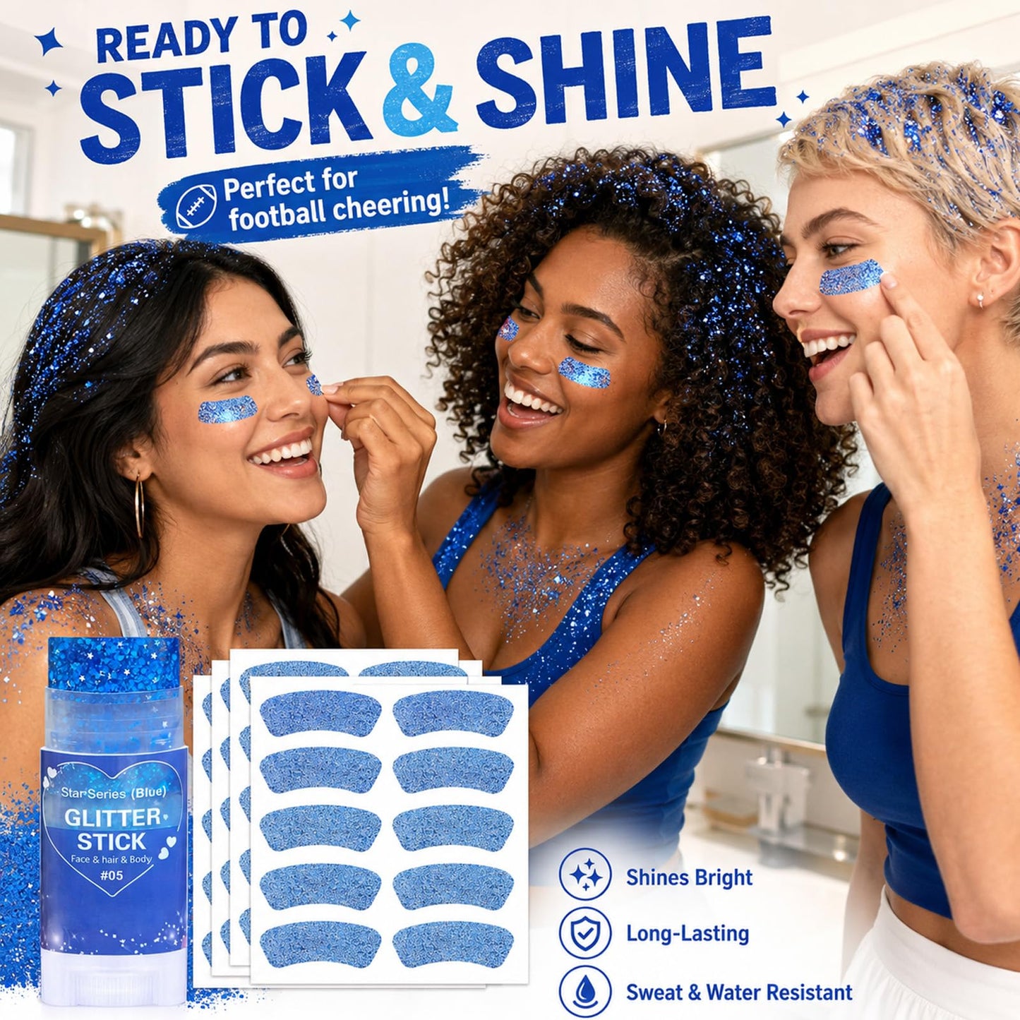 Paminify Blue Hair Glitter Stick and Eye Black Stickers Kit,50pcs Waterproof Cheer Glitter Eye Sticker for Football Baseball Soccer Sports,Team Spirit Wear 4th of July Royal Blue Face Body Glitter