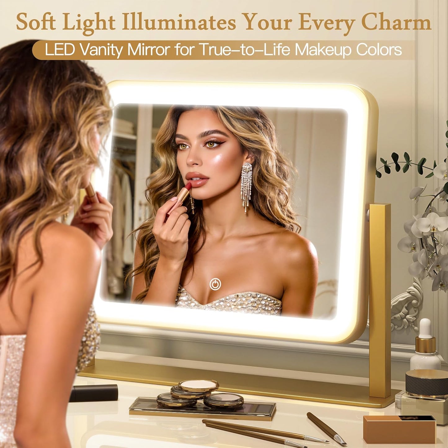 LED Vanity Mirror with Lights - 12" x 14" Small Gold Makeup Mirror | 360° Rotation, 3 Color Modes, Dimmable & Memory Function