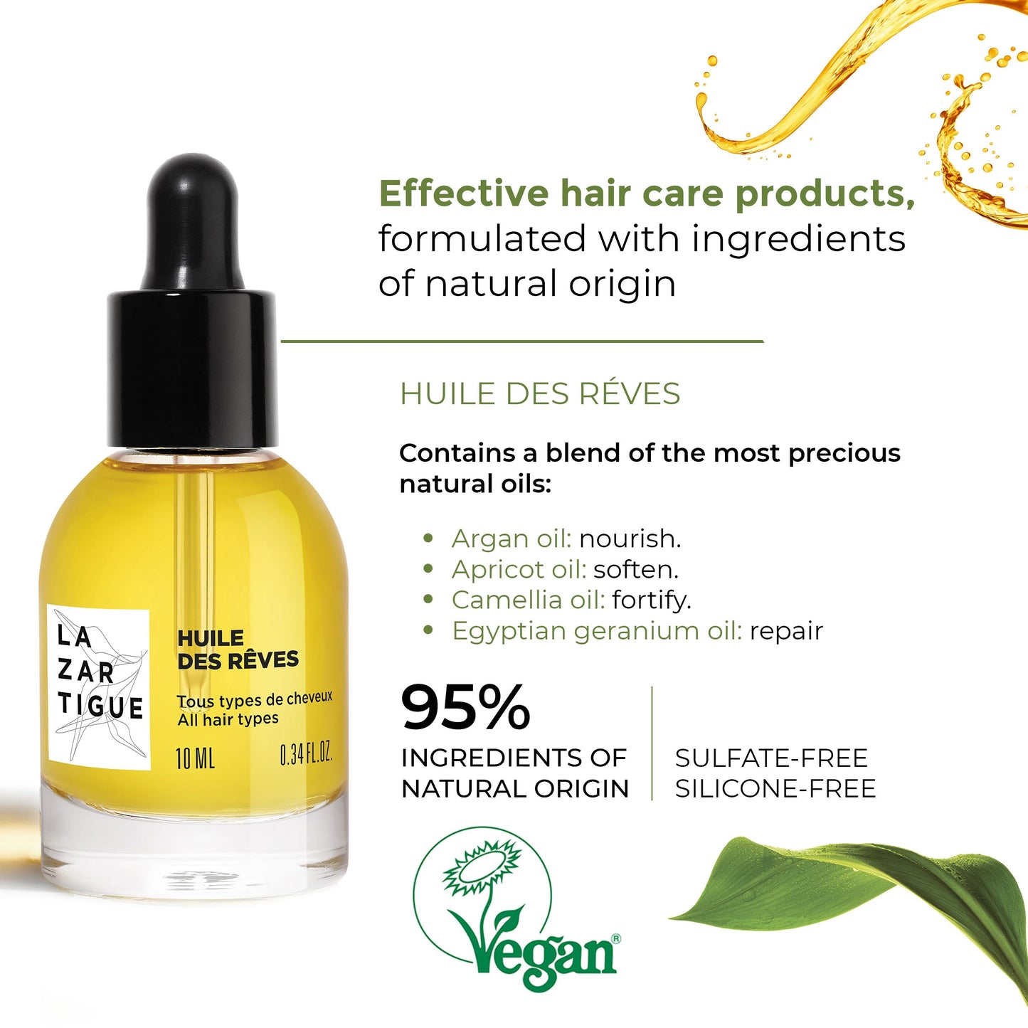 Lazartigue Huile des Rêves Nourishing Dry Oil for Hair, Adds Shine & Nourishment with Argan, Apricot & Camellia Oils, Vegan, Sulfate & Silicone Free, Travel Size, 0.34 Fl Oz