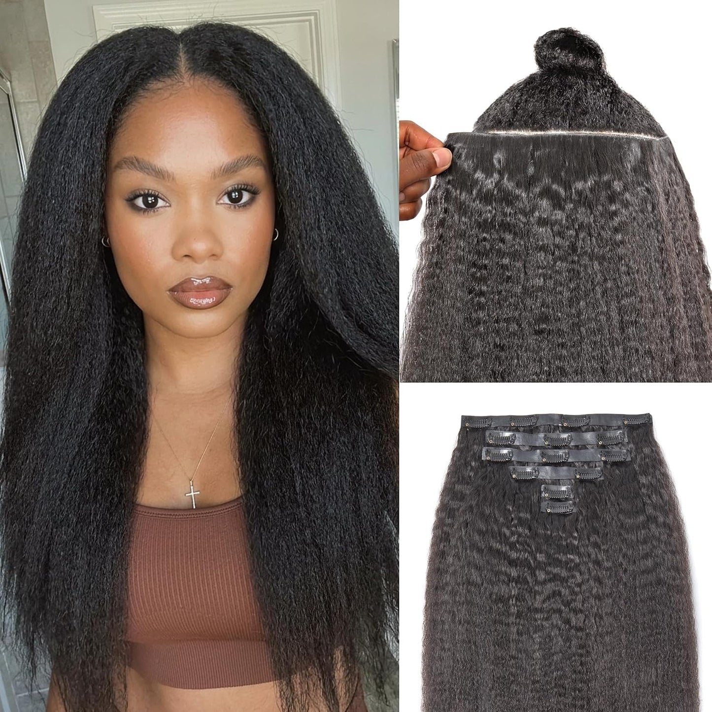 LUVME Invisible Clip-In Hair Extensions - 0.59mm Yaki Straight 24 Inch, 100% Real Human Hair, 6 Pcs 100g | Wider Wefts for Easy Sectioning