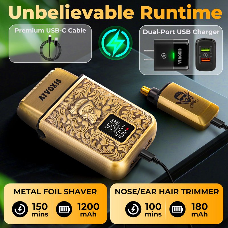 All-Metal Close Shave 3-Speed Foil Shaver for Men: 10,000 RPM Electric Nose & Ear Hair Trimmer Cordless Rechargeable USB-C Fast Charging Charger Included Travel Case (Bronze)