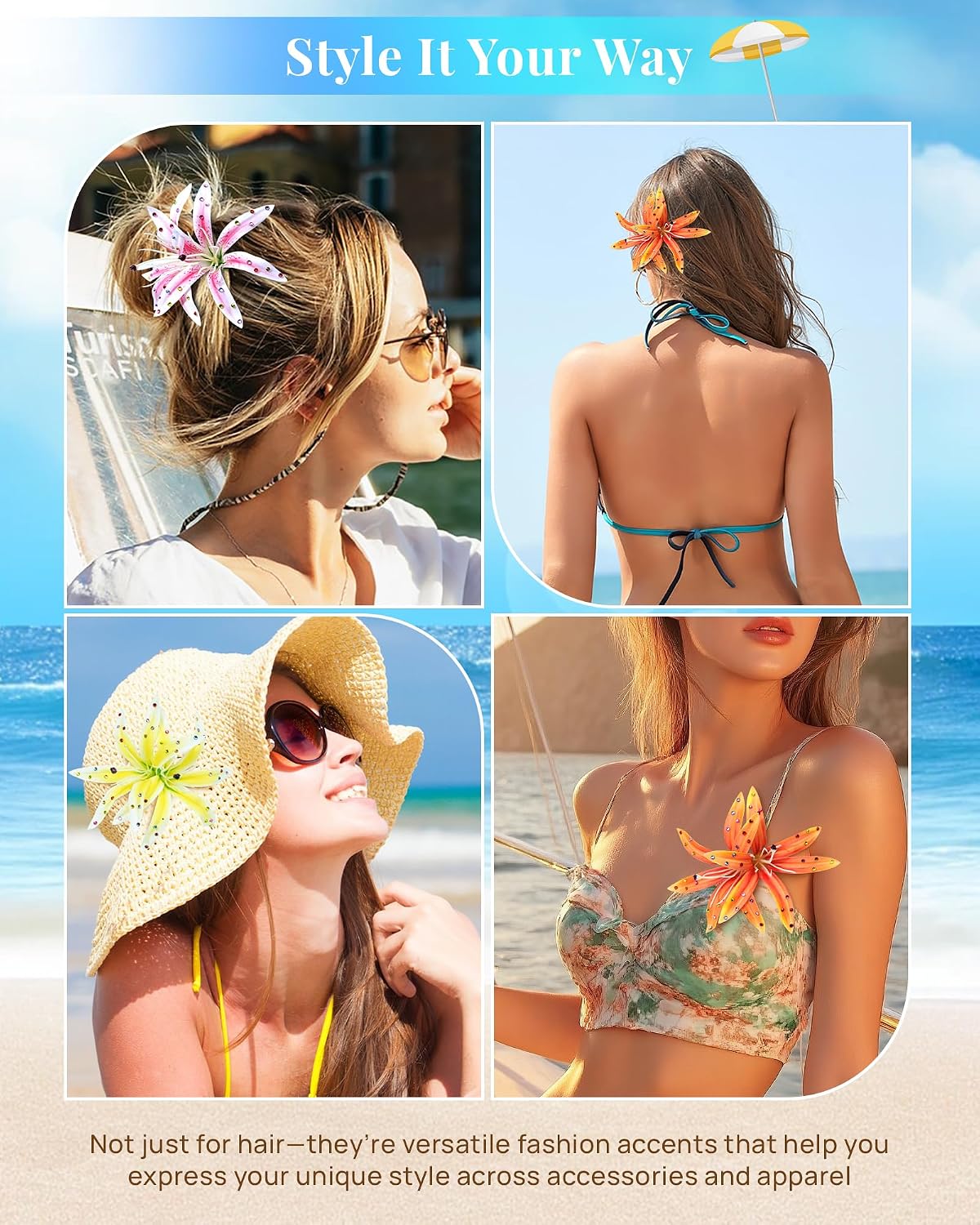 Hawaiian Flower Hair Clips - 3 Pack Tropical Orchid Hairpins | Rhinestone Wedding Accessories