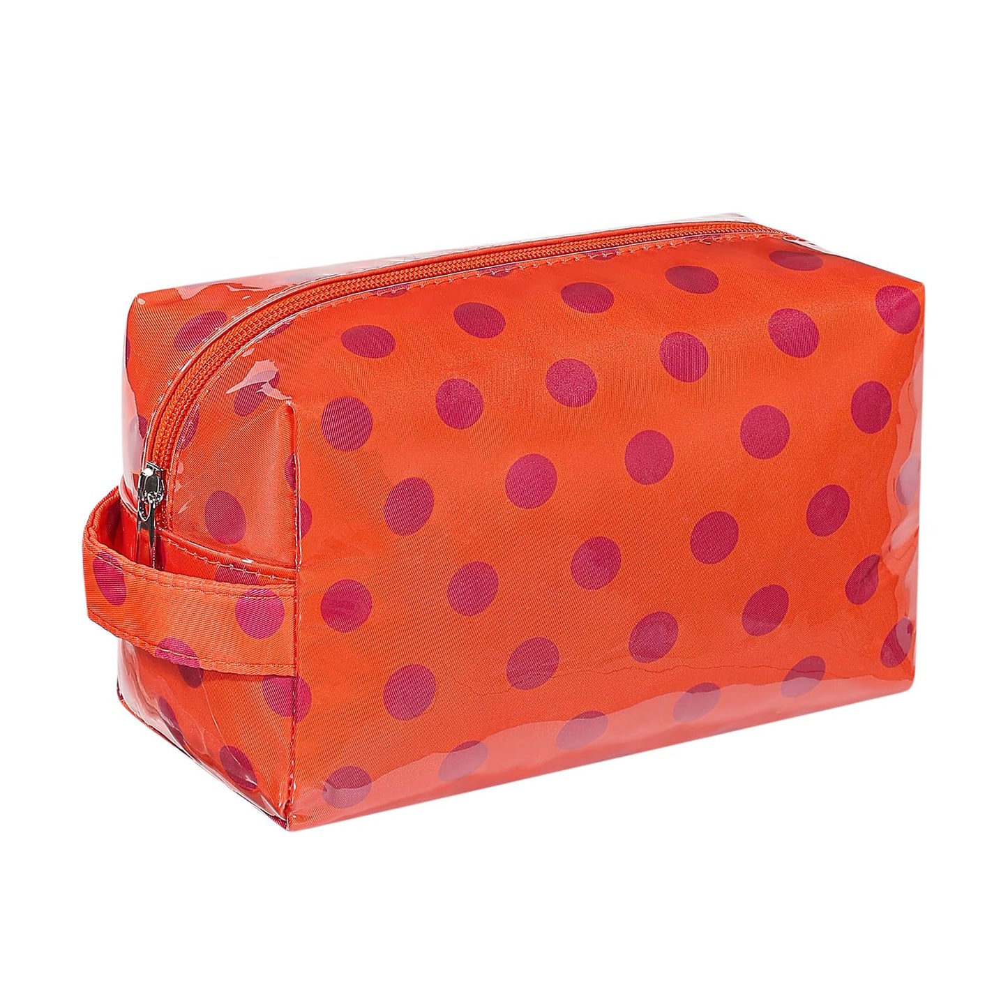 Lestikave PVC Polka Dots Makeup Bag,Easy to Clean,Waterproof Clear Coated Cosmetic Bag,Cute Travel Organizer Zipper Pouch for Beach Vacation Essentials(05Orange)