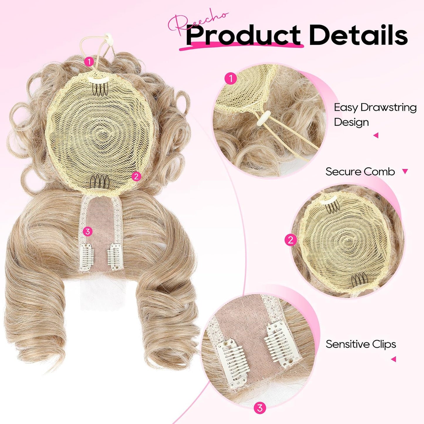 Messy Bun Hair Piece with Bangs - 2-in-1 Curly Updo Wig & Natural-Looking Drawstring Ponytail Extension | Medium Blonde