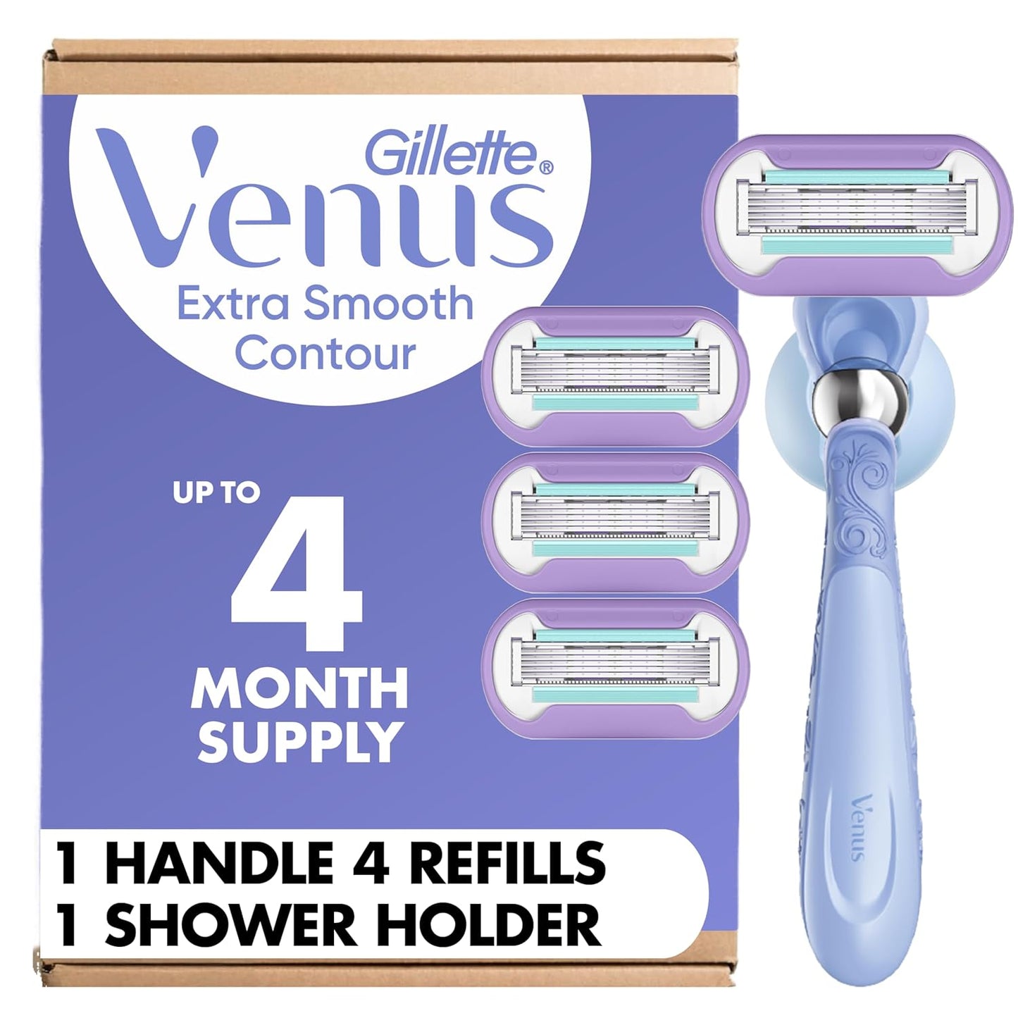 Gillette Venus Women's Razor - Extra Smooth Contour with 5-Blade Refills & Flexiball Handle | 1 Handle + 4 Refills