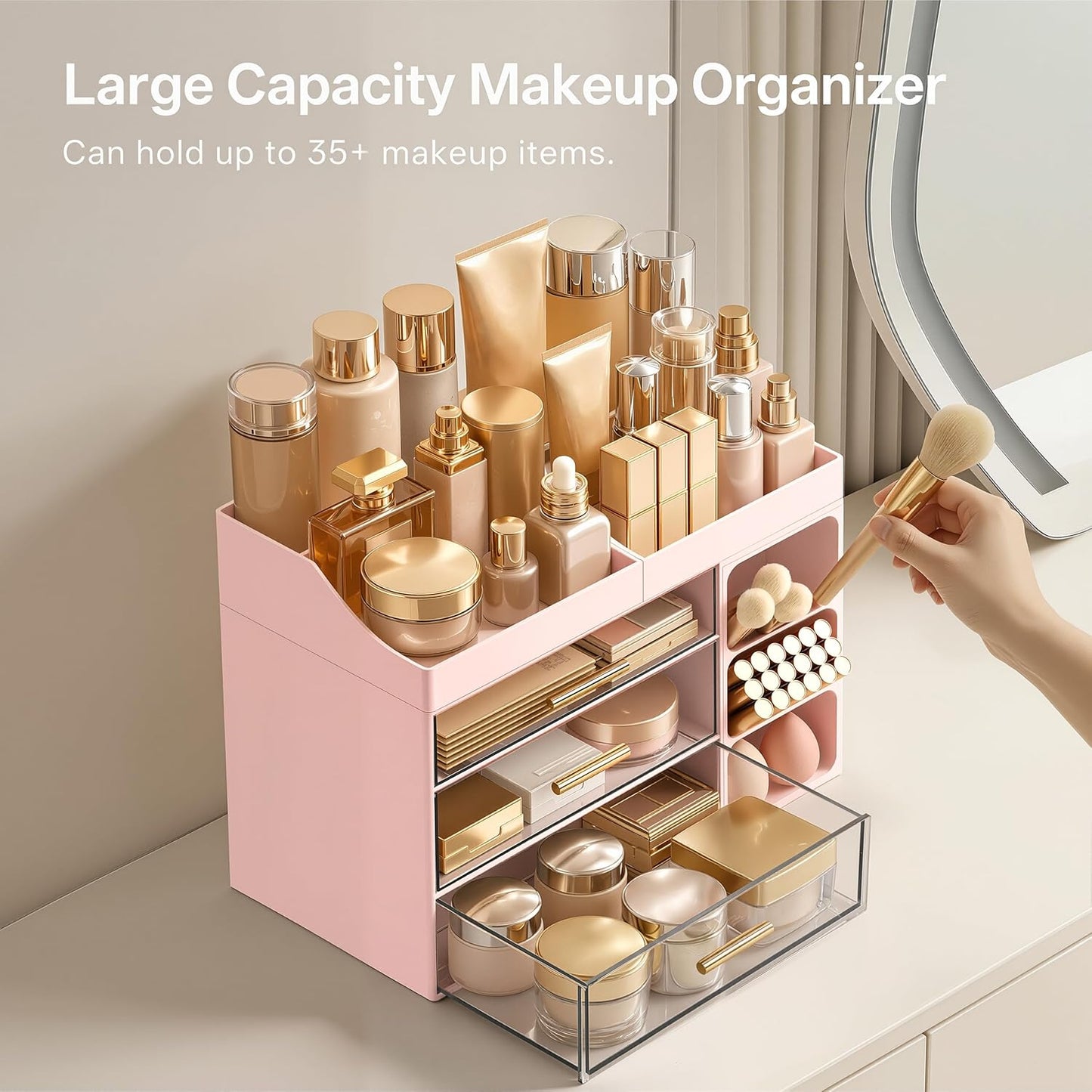 Makeup Organizer with Brush Holder - Large Bathroom Countertop Storage | Pink Dresser Organizer for Vanity
