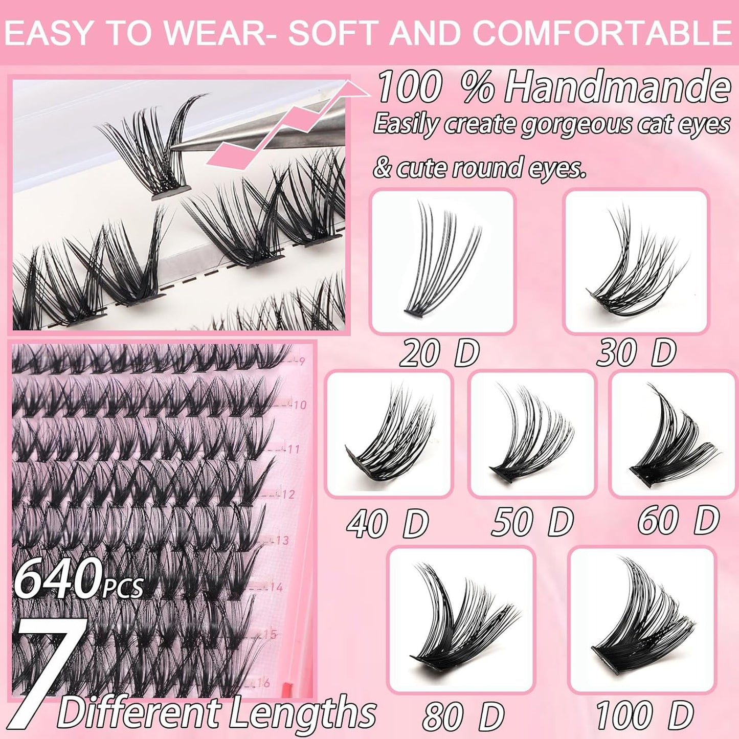 Lash Clusters Kit - 640 Pcs Fluffy Wispy Individual Eyelashes 9-16mm D Curl | Thin Band with Tweezers & Bond Seal