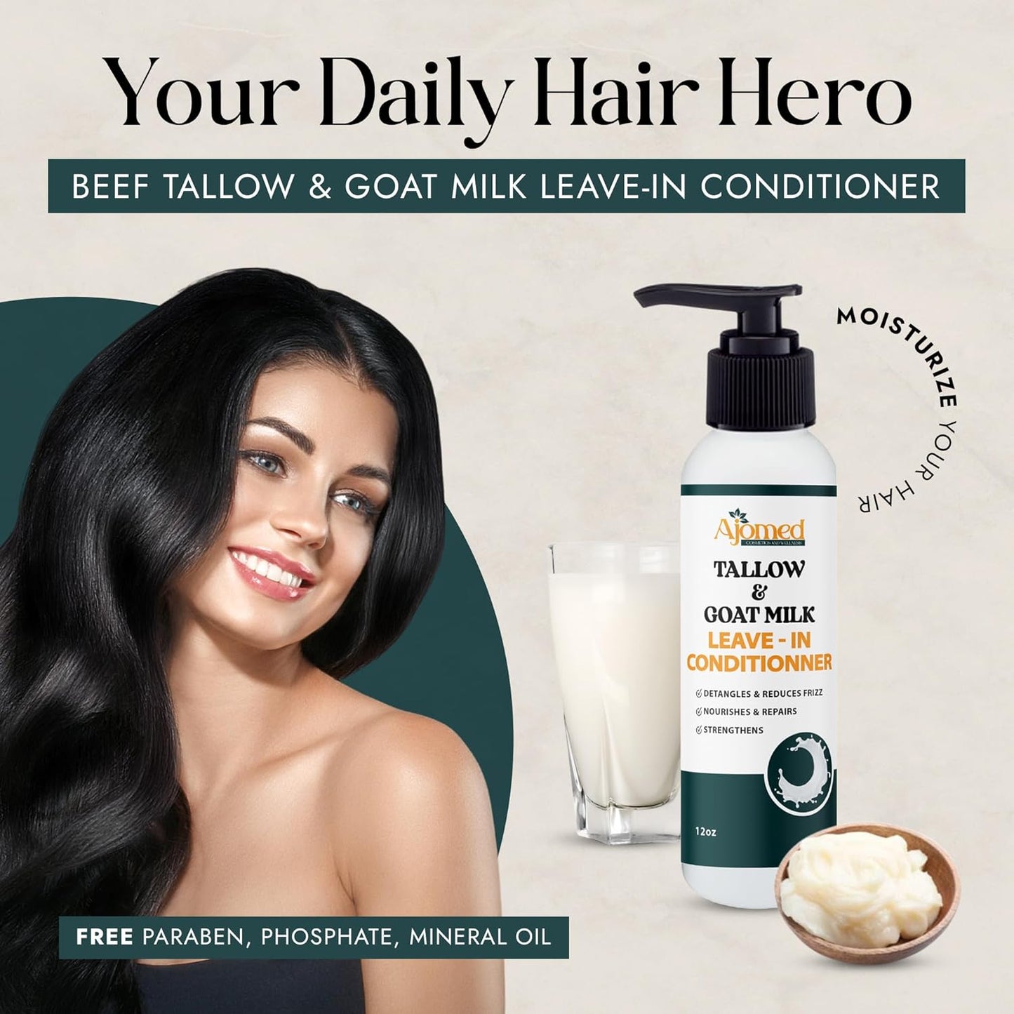 Beef Tallow & Goat Milk Leave-In Conditioner - Anti-Frizz Hair Detangler & Moisturizer for Dry, Damaged Hair | 8 Fl Oz