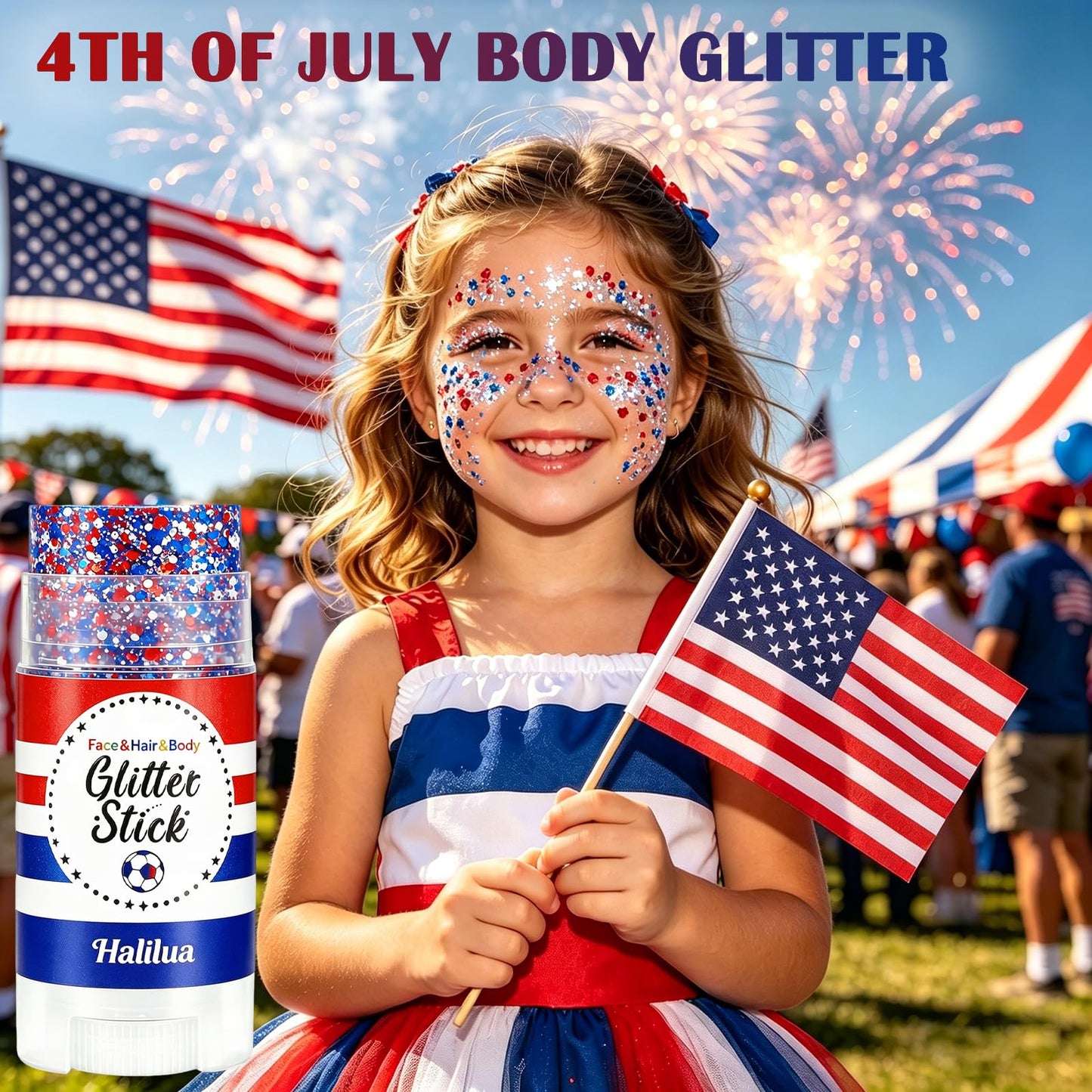 Patriotic 4th of July Body Glitter Stick,Sparkle Red White and Blue Hair Face Glitter for Independence Day 250 Anniversary Party,4th of July Outfits and Decorations for Women Kids, Memorial Day