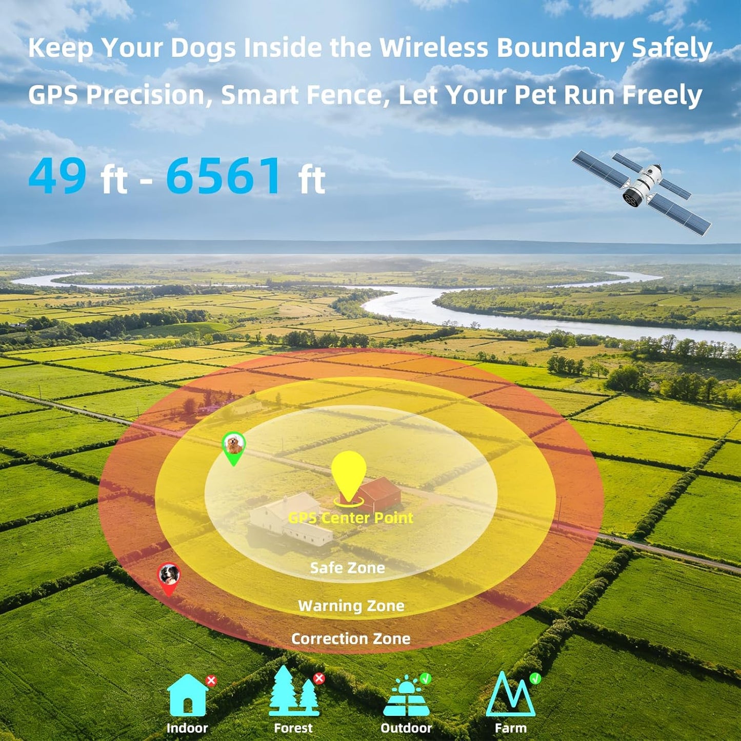 GPS Wireless Dog Fence System - Adjustable Range 49 to 6561ft | 3 Training Modes, Waterproof & Rechargeable