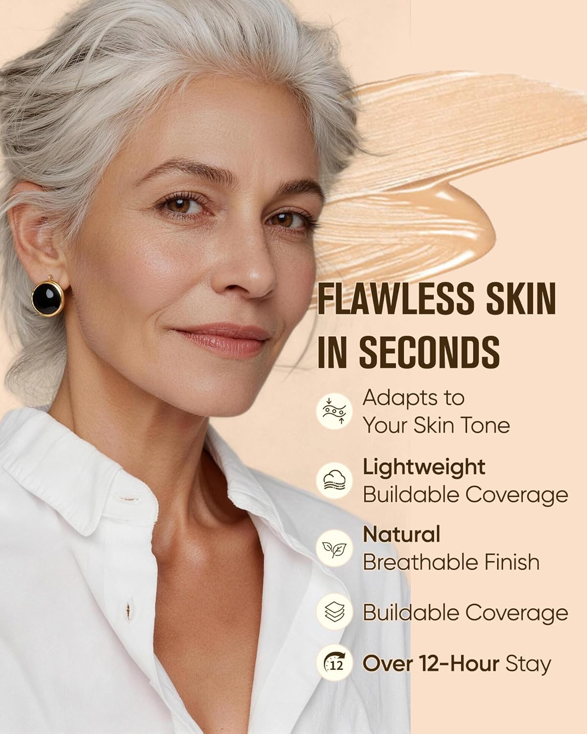 Color Changing Foundation for Mature Skin - 4-in-1 Light to Medium Shade | Hydrating Liquid Makeup, 30ml