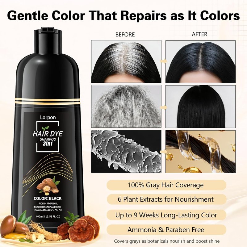 Black Hair Dye Shampoo - 3 In 1 Semi-Permanent Color for Gray Coverage | Natural Black with Argan Oil & Ginseng, 400ml