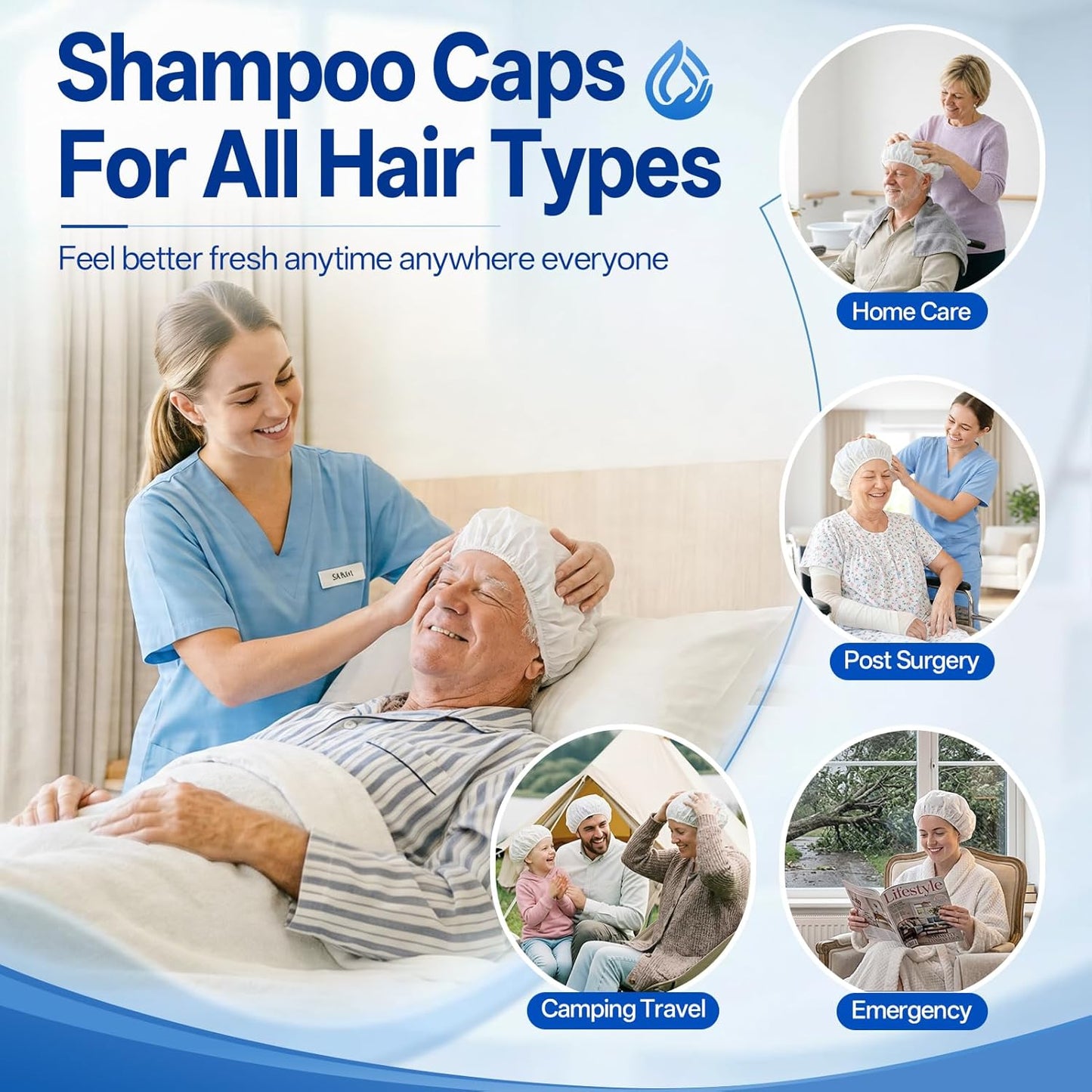 Shampoo Caps - 8 Pack No Water Rinse Microwavable | Waterless Hair Washing for Bedridden Patients & Camping - PH Balanced, Portable