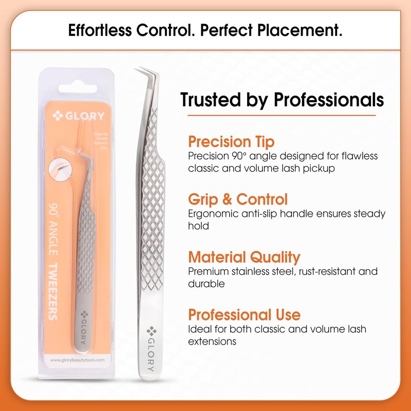 Glory 90 Degree Angle Lash Tweezers for Eyelash Extensions – Precision Fiber Tip Diamond Grip Stainless Steel Lash Tool for Mega Volume, Classic & Professional Lash Tech Supplies