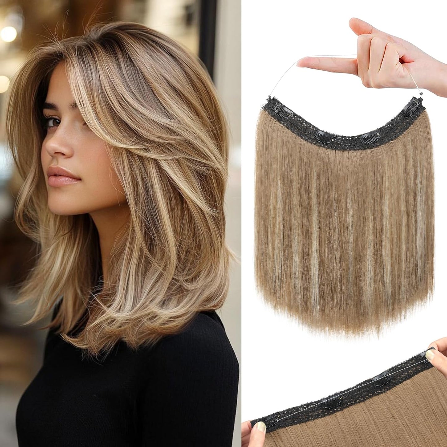 Invisible Wire Hair Extensions - Thinner Softer Lace Weft, 12" Short Straight Clips | Ash Blonde with Highlights