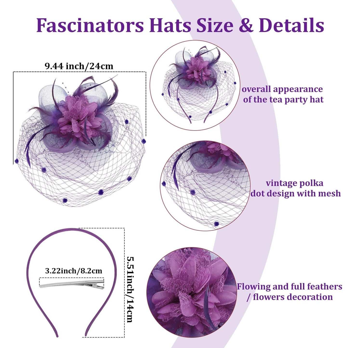 Semato Fascinators Hats for Women Mesh Feathers Elegant Purple Tea Party Kentucky Hat Derby Headband with Hair Clip