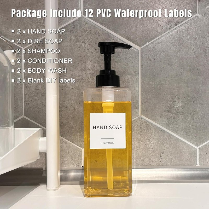 Clear Soap Dispenser - Waterproof Labels & Thickened Plastic | 22oz 2-Pack for Bathroom & Kitchen