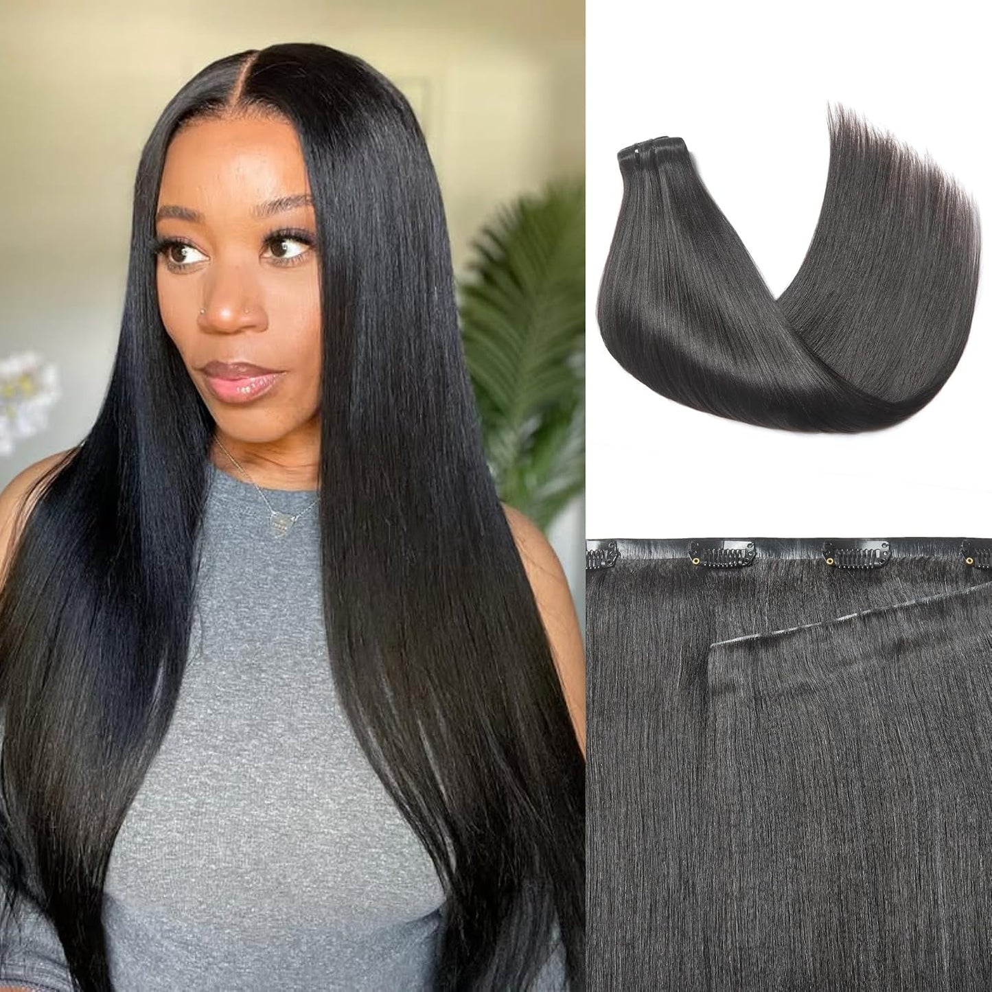 Invisible Yaki Straight Clip-In Hair Extensions - Real Human Hair, 18 Inch, 220g, 12 Pcs for Daily & Special Occasions