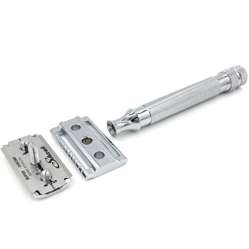 Parker 91R Heavyweight Long Handle Safety Razor – Classic 3-Piece Double Edge Razor for Smooth, Close Shaves – Brass Frame with Textured Chrome Finish – Compatible with All DE Razor Blades