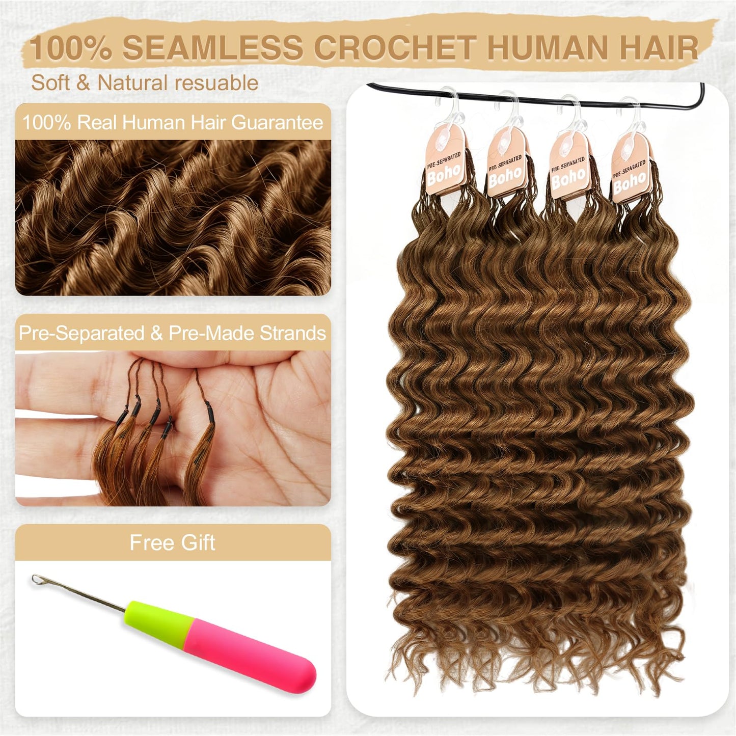 Human Crochet Hair for Black Women, 16 Inch Feather Human Hair Crochet Extensions 120g 100 Strands, Miracle Knots Hair Bundles, Soft Lightweight Deep Wave Texture for Protective Styles(30#, Auburn)