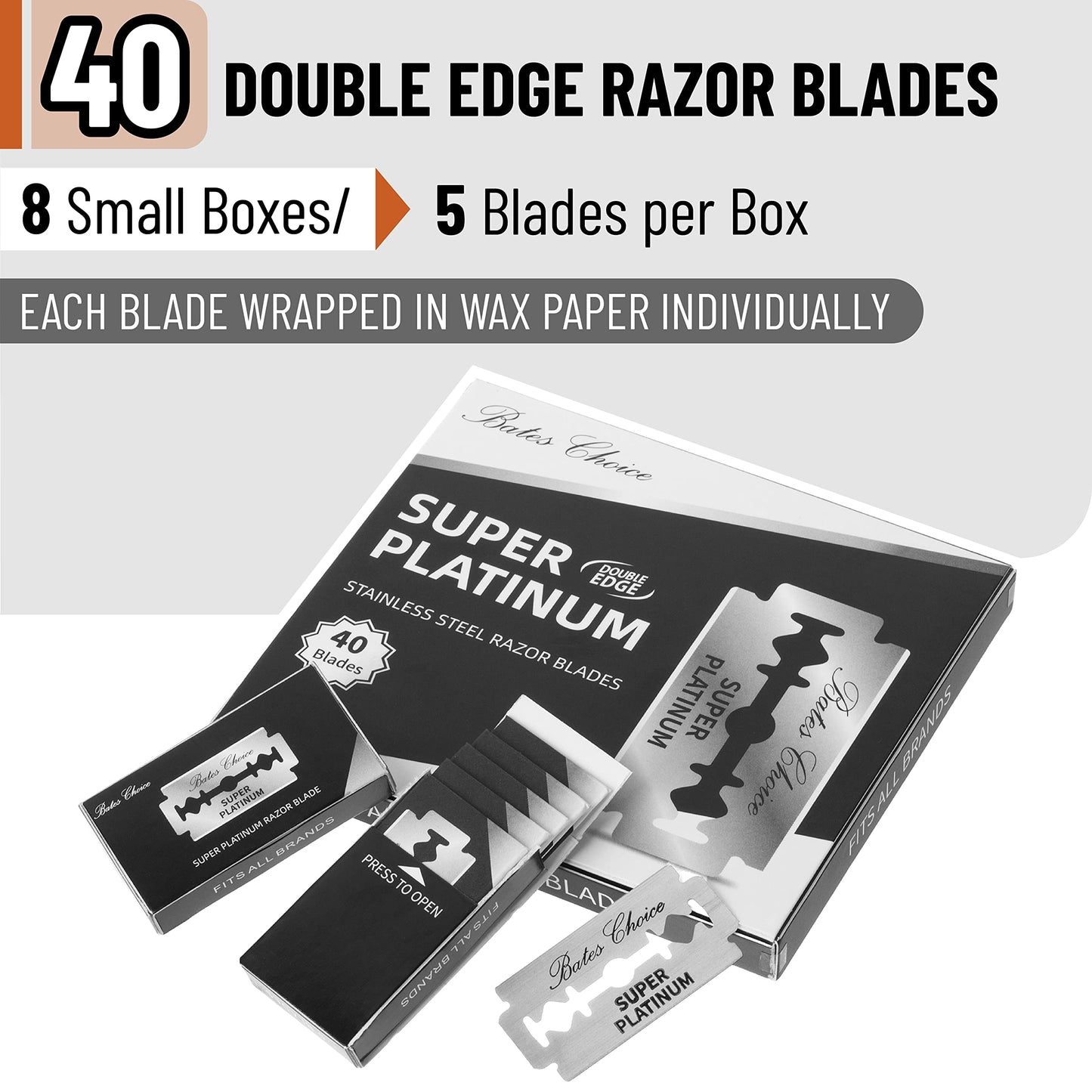 Bates Double Edge Safety Razor Blades for Men - Stainless Steel, 40 Pack, Shaving Blades