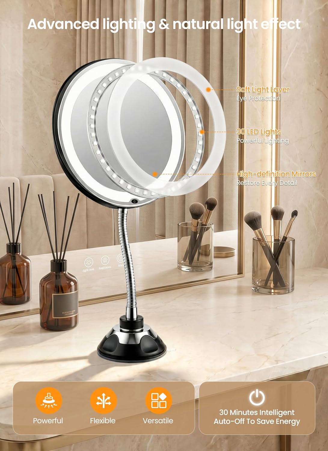 Brightown 10x Makeup Mirror with Lights - Flexible Gooseneck, 3 Lighting Modes | Battery Operated, Suction Cup, Black