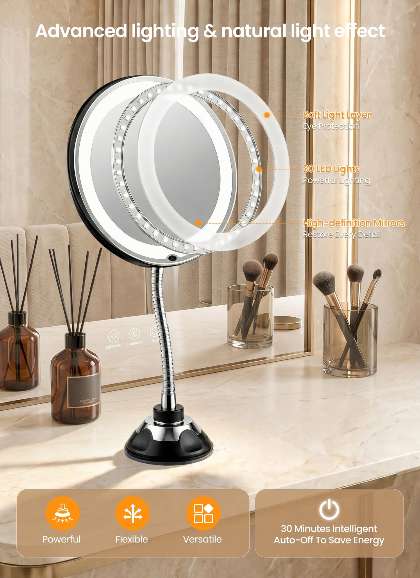 Brightown 10x Makeup Mirror with Lights and Magnification,Flexible Gooseneck Magnifying Mirror with 3 Lighting and Adjustable Brightness,Battery Operated with Suction Cup for Bathroom Bedroom, Red