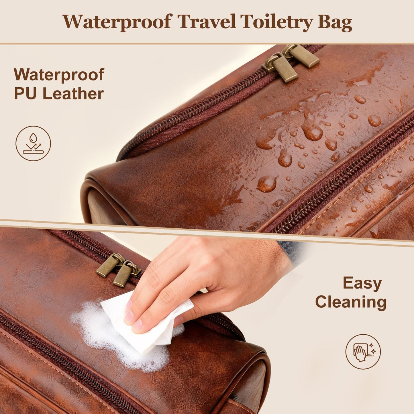 Personalized Men’s Travel Toiletry Bag with Hook, Engraved Initials PU Leather Water-resistant Shaving Bag for Bathroom Shower, Unique Anniversary & Birthday Gifts for Men, Dad, Husband, Son,A