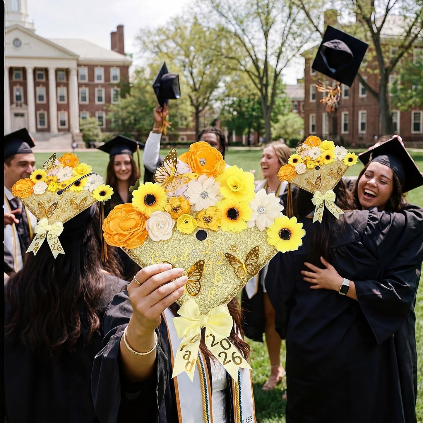 DIY Graduation Cap Decorations Kit - 68 Pcs Faux Flowers, 3D Butterflies, Rhinestones & Alphabet Stickers | Yellow