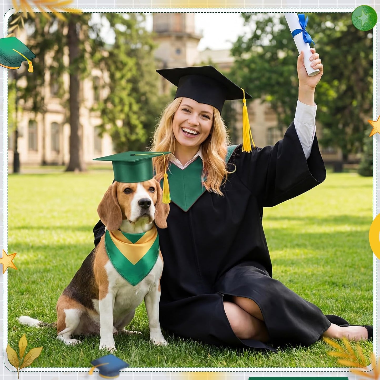 Dog Graduation Cap and Bandana Costume Set - Adjustable, Washable Pet Outfits for 2026 | Yellow, Small
