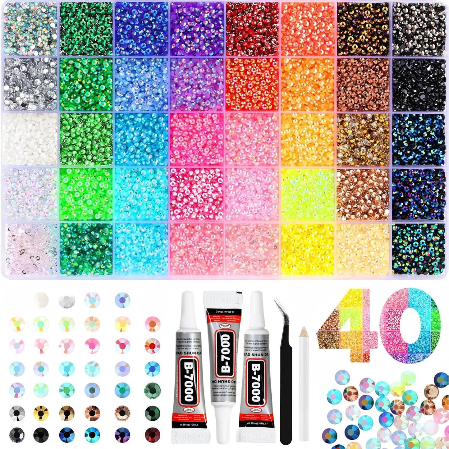 OGACRLA 42000Pcs Bedazzling Kit 40 Colors Resin Jelly Resin Rhinestones for Bedazzling with Tweezers, 3mm Bedazzler Kit with 3Pcs B7000 Jewelry Glue for Tools, DIY Arts, Bedazzled Nail & Crafts Gifts