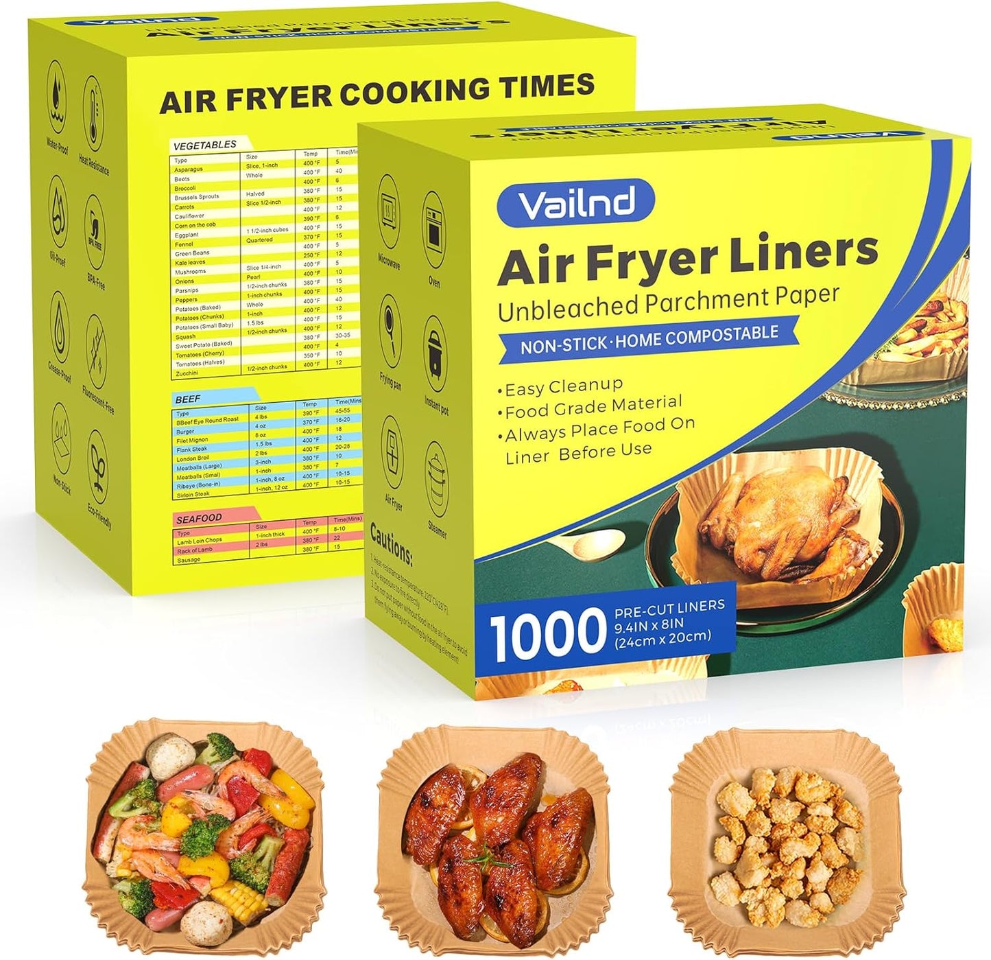 Air Fryer Paper Liners - 125 Pcs Non-Stick Parchment Paper for Microwave | 8-Inch Square, Bleach-Free