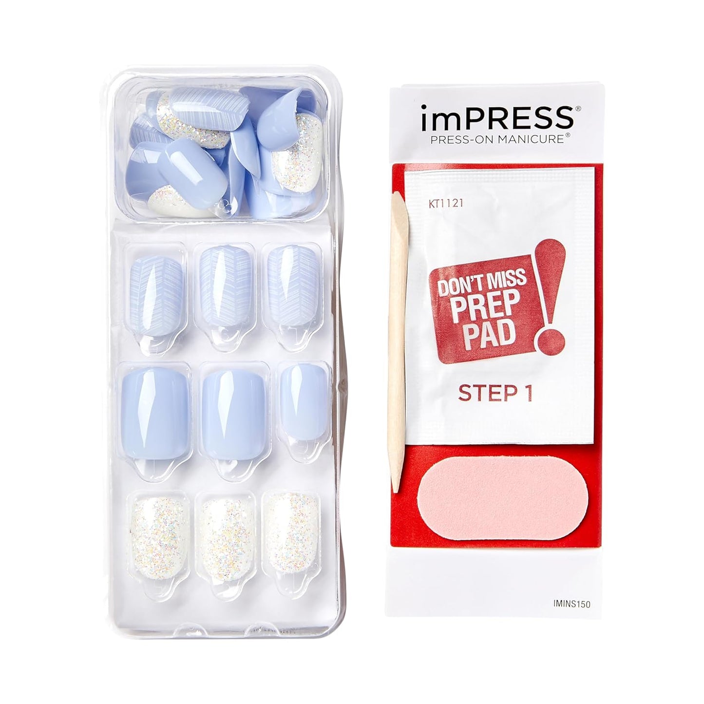 KISS Impress Press-On Nails - Light Blue, Lavender & White Glitter | Short Squoval Shape, 30 Nails & Accessories
