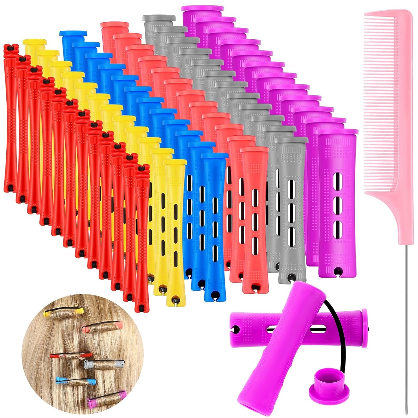 Hair Perm Rods - 48 Pieces Plastic Curling Rollers with Steel Pintail Comb | 0.2 Inch, Red