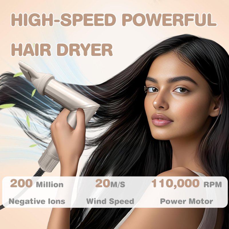 8 in 1 Hair Dryer Brush and Blow Dryer, Hot Hair Styler with 110,000 RPM High-Speed Negative Ion, Automatic Curling Iron, Thermal Hair Brush for Fast Drying Straightening Curling Voluming (Champagne)
