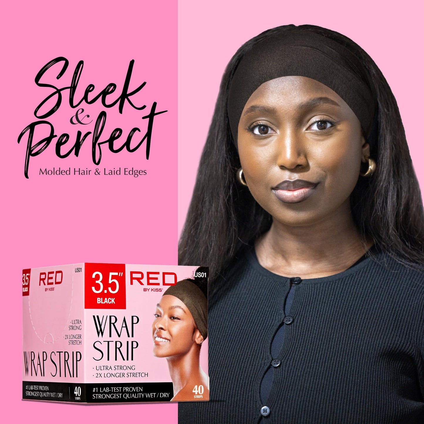 Red by Kiss Wrap Strip, Ultra Strong 2X Longer Stretch, 44 Strips Lab-Test Proven Strongest Quality for Wet/Dry Hair