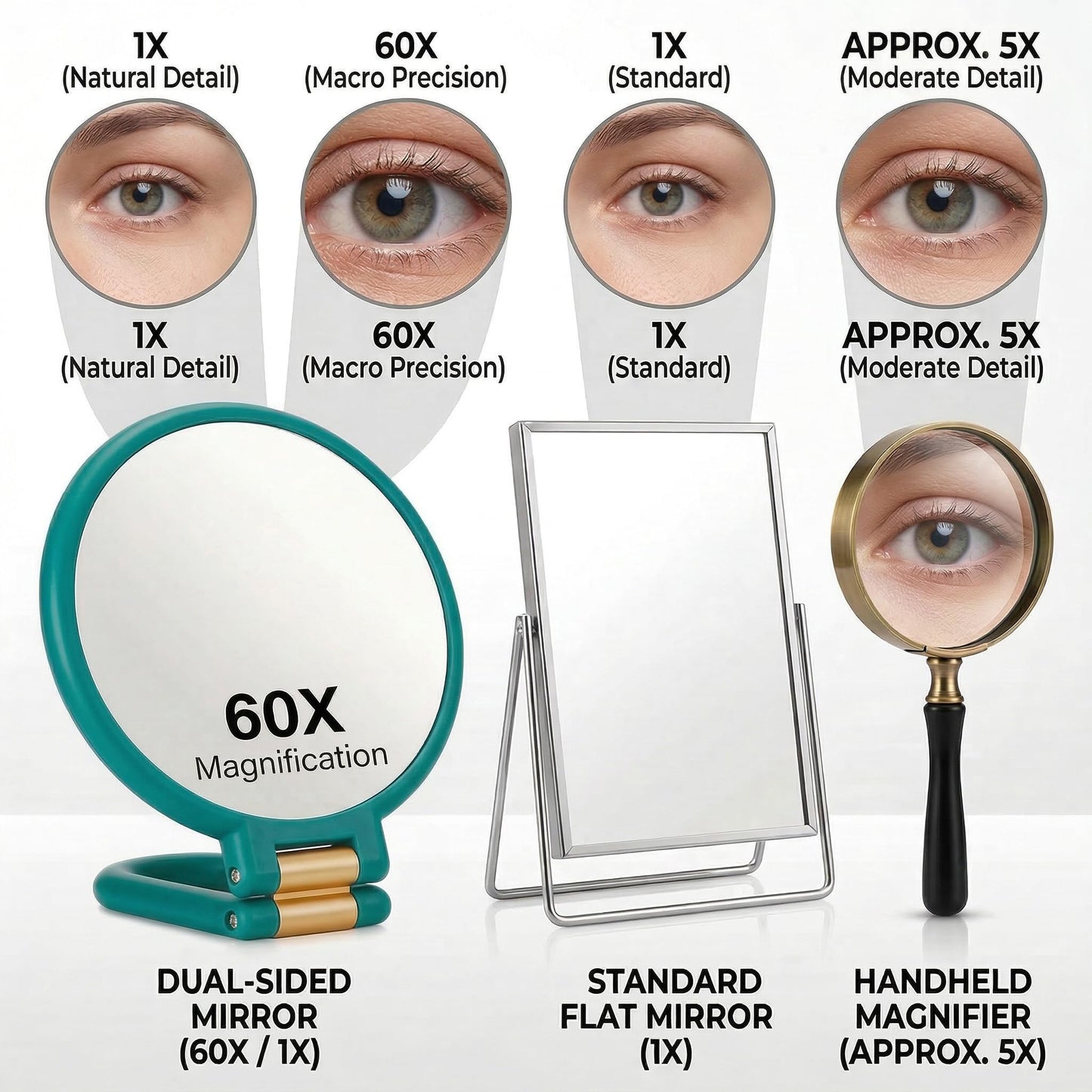 Magnifying Handheld Mirror Double Sided, 1X and 60X Magnification Hand Mirror, Travel Folding Hand Held Makeup Mirror with 360° Rotation Pedestal for Vanity, Dressing Table and Daily Use Green