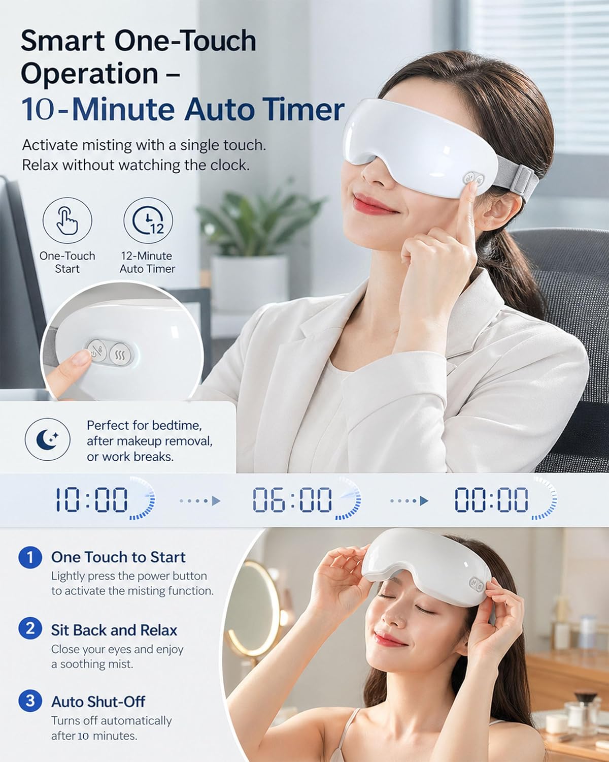 Steam Eye Mask - Rechargeable Warm Mist Eye Steamer for Puffy Eyes & Strain Relief | Soft Silicone Design, 40-42°C