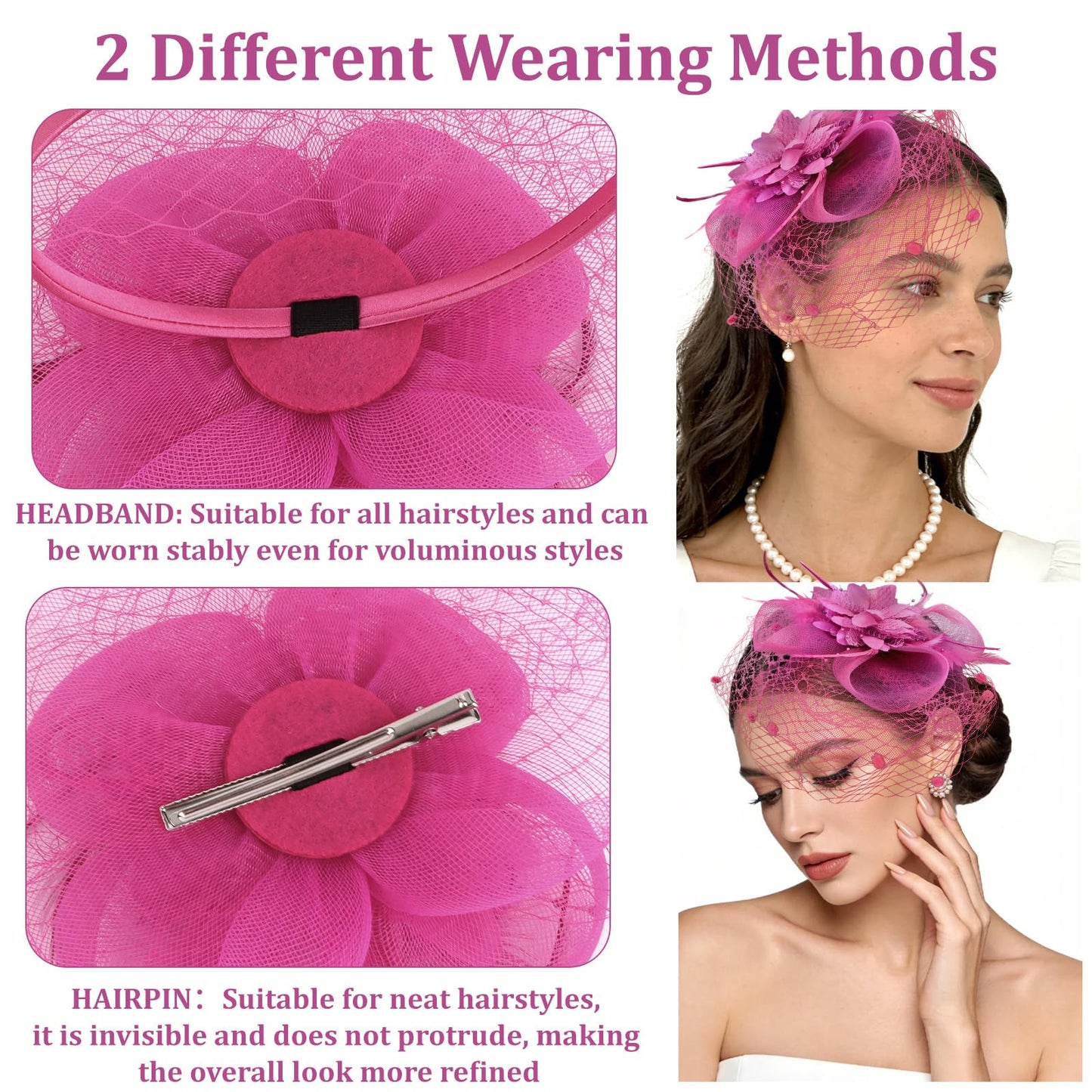 Semato Fascinators Hats for Women Mesh Feathers ElegantHot Pink Tea Party Kentucky Hat Derby Headband with Hair Clip