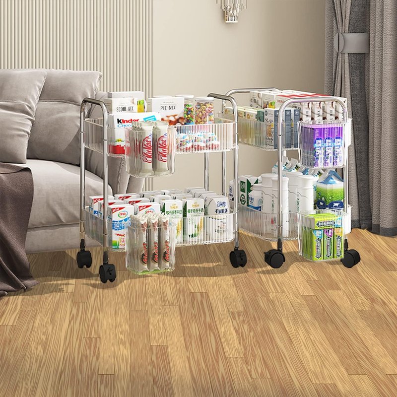 Utility Rolling Cart - 2-Tier Storage Organizer with Wheels | Mobile Trolley for Home, Office, Kitchen - Transparent
