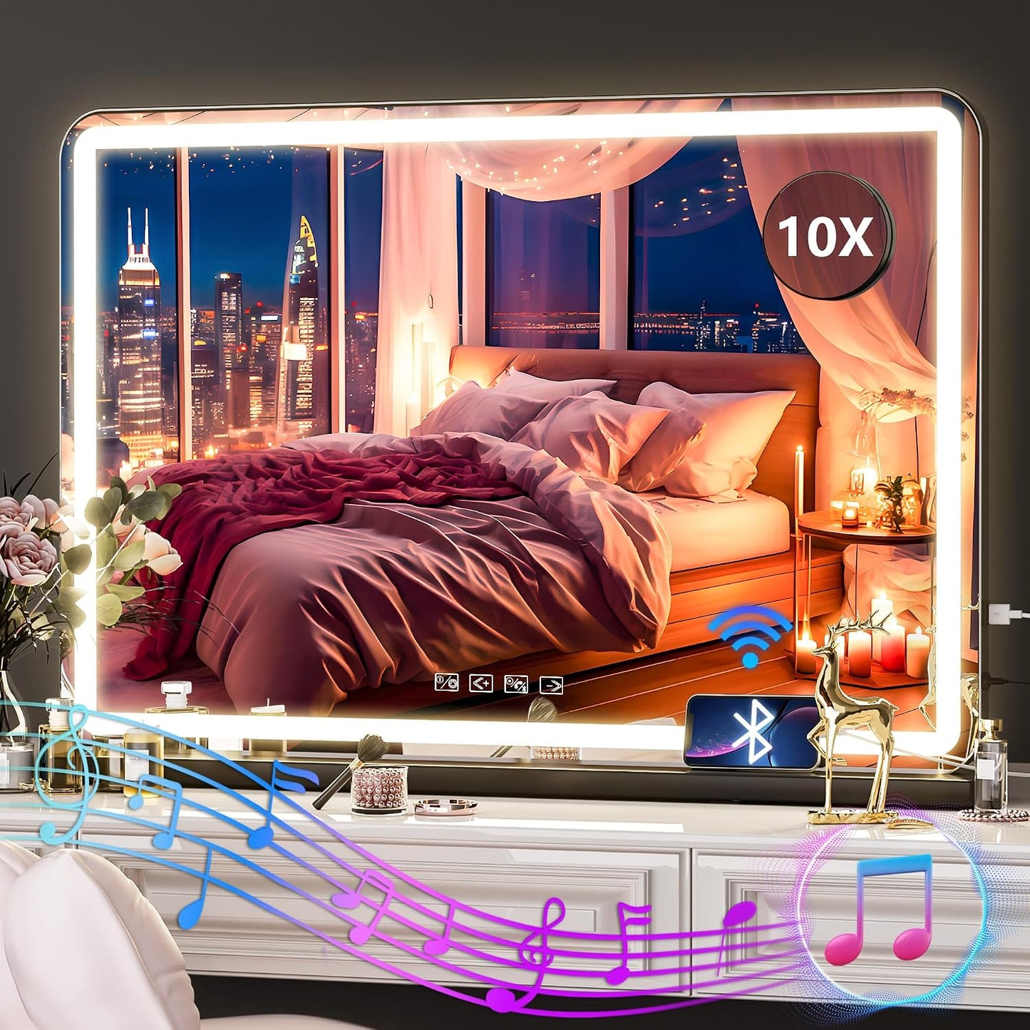 LED Makeup Mirror with Lights - 31.5" x 22" Dimmable Touch Screen Vanity Mirror | Round Black Design