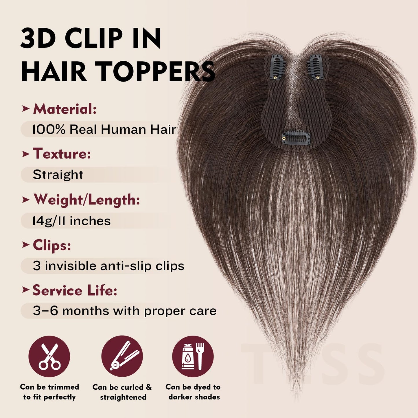 Human Hair Toppers for Women,TESS Hair Toppers for Women Real Human Hair,Clip in Bangs,Invisible 3D 360°Full Cover Middle Part Side Bangs 2.8"*4.3"Lace Base 11 inches 14g #02 Dark Brown