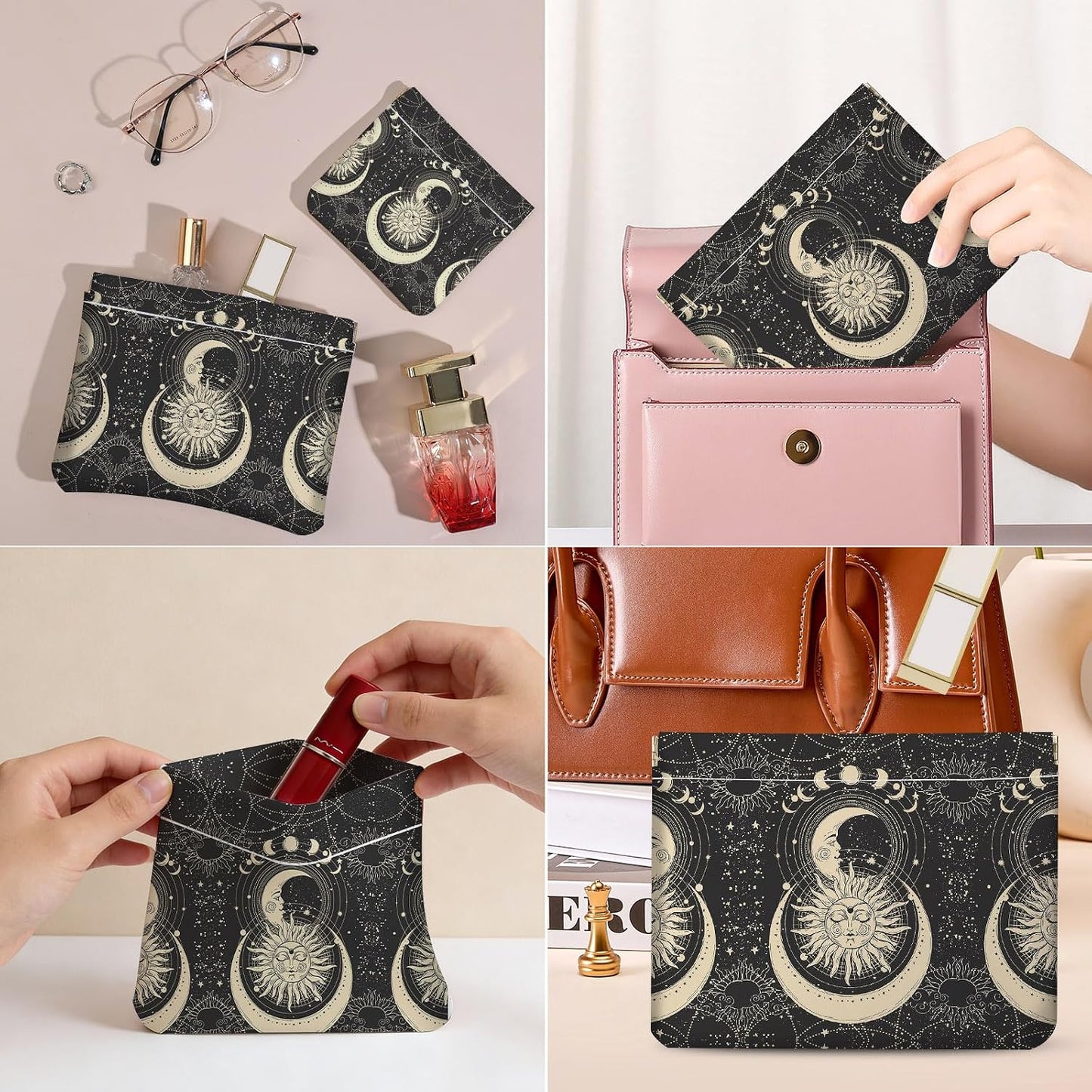 Makeup Bag Set - 2 PCS PU Leather Cosmetic Organizer | Portable Self-Closing Pouch for Women - Sun-Moon Face Design