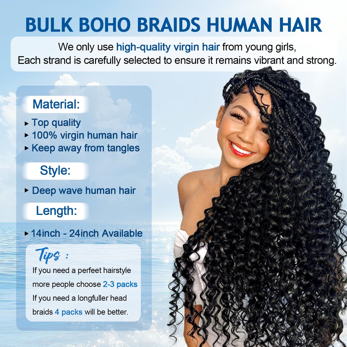 Bizvus 22inch Human Braiding Hair for Boho Braids 110g Deep Wave Boho Bulk Human Hair for Braiding Knotless 12A Wet and Wavy Bulk Bohemian Curly 3 Bundles/Pack #4/27 Ombre Balayage Color