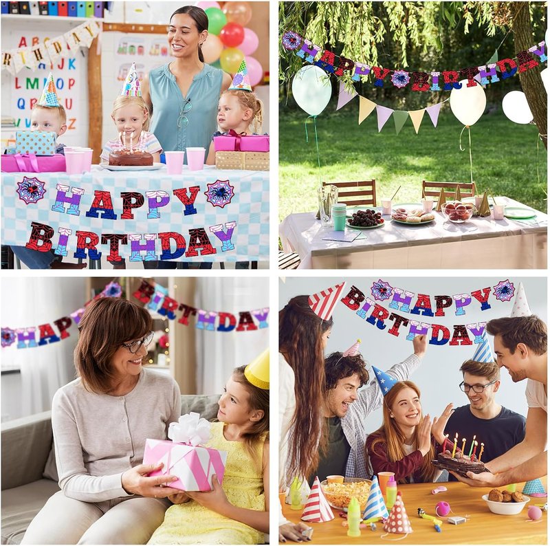 Spider Theme Birthday Banner - Pre-Strung Decorations for Kids' Parties | Red, Purple, Blue