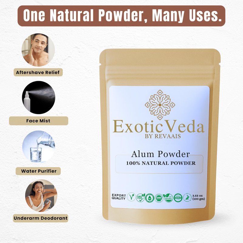 Exotic Veda 100% Pure Potassium Alum Powder(Fitkari)100g | Granulated Aluminium Potassium Sulfate | Natural Deodorant, Water Clarifier & Aftershave | Body Odor & Foot Odor Control, Canker Sores Relief