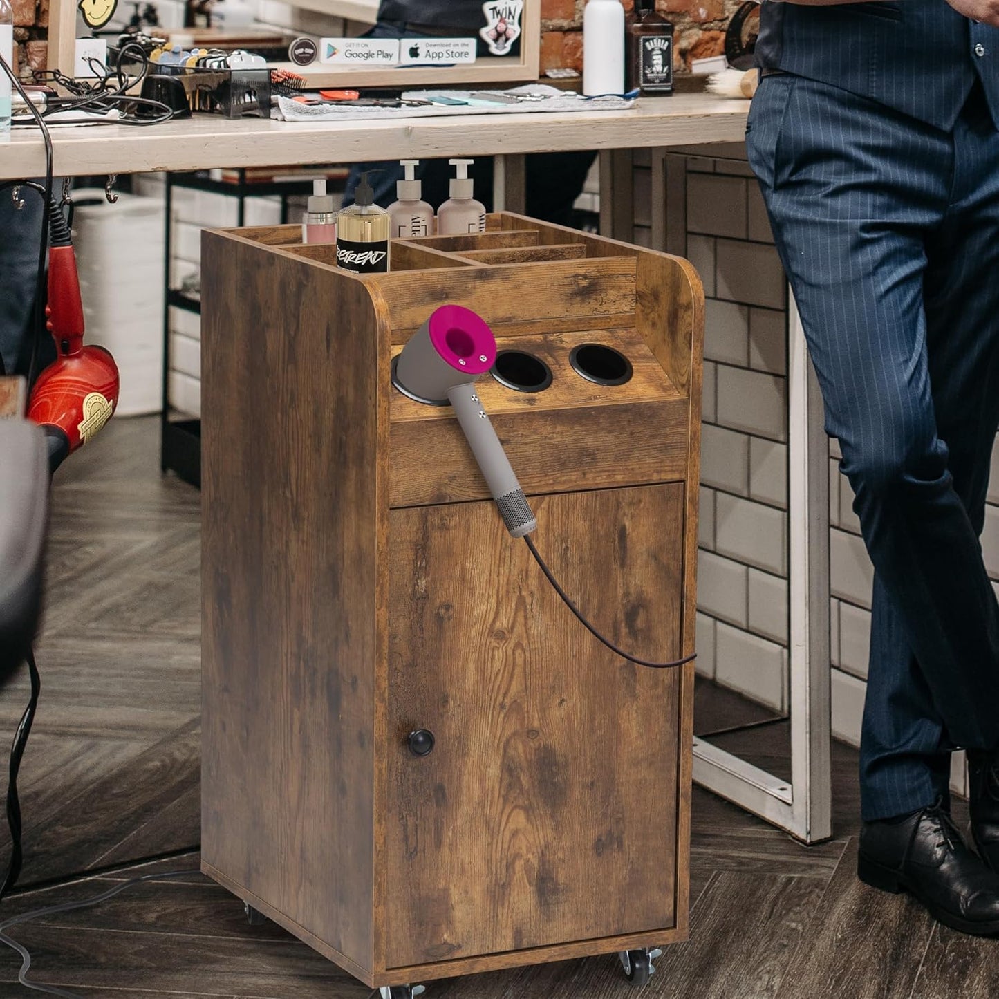 Salon Trolley Cart with Charging Station - Sturdy Rustic Brown | Hair Stylist Equipment