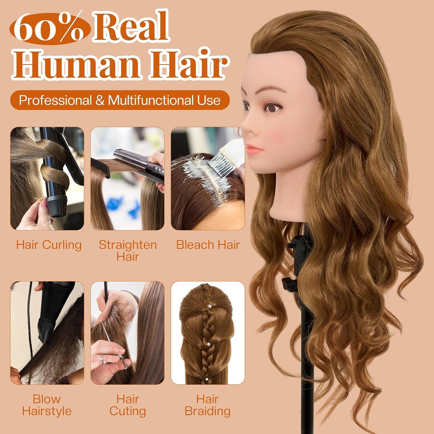 28-Inch Mannequin Head | 80% Real Human Hair for Styling, Braiding & Curling - Blonde with Table Clamp