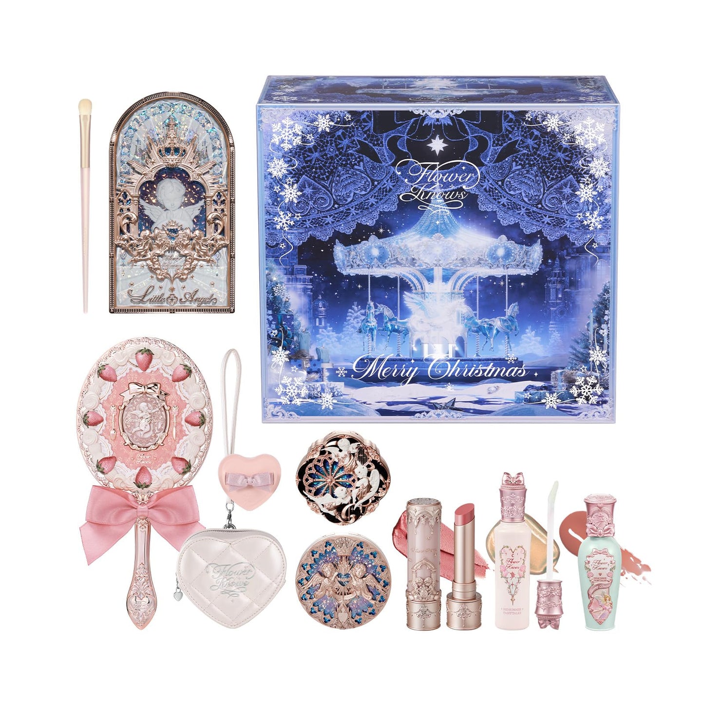 Flower Knows Cherub Bloom 11-Piece Makeup Gift Box Set,Includes Makeup Palette,Lipstick,Blush,Highlighter,Lip Gloss,Hand Mirror,Bag Charm,Brush,Box,Perfect Anniversary Valentine Birthday Make Up Gift