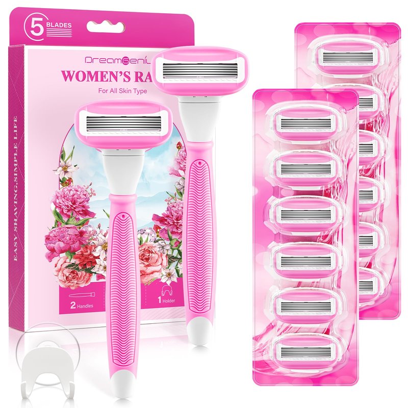 Razors for Women Include 2 Non-Slip Handles and 14 Blade Refills with a Shower Holder, 5 Premium Blades Women's Razors for Shaving with 360° Lubrication Reduces Irritation, Green